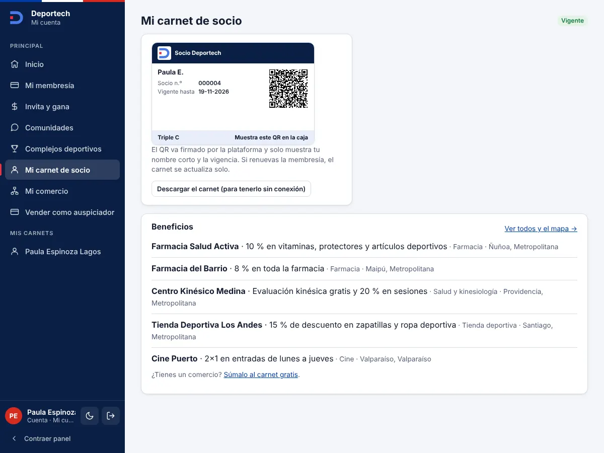 Carnet digital de socio con su código QR