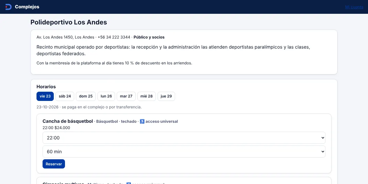 Página de reservas de un complejo deportivo con sus horarios libres